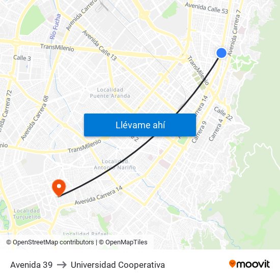 Avenida 39 to Universidad Cooperativa map