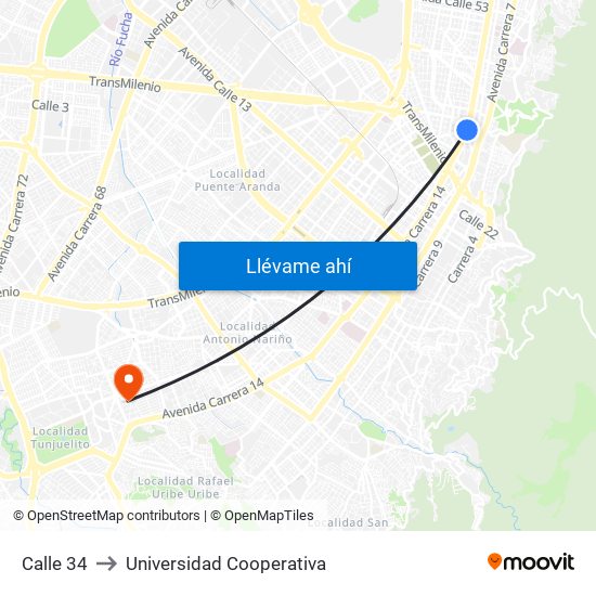 Calle 34 to Universidad Cooperativa map
