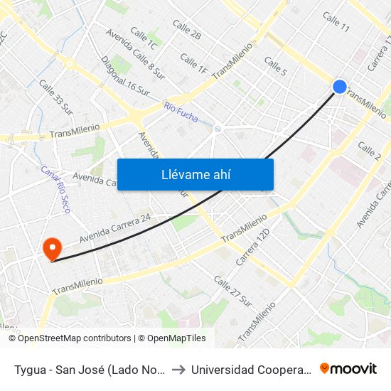 Tygua - San José (Lado Norte) to Universidad Cooperativa map