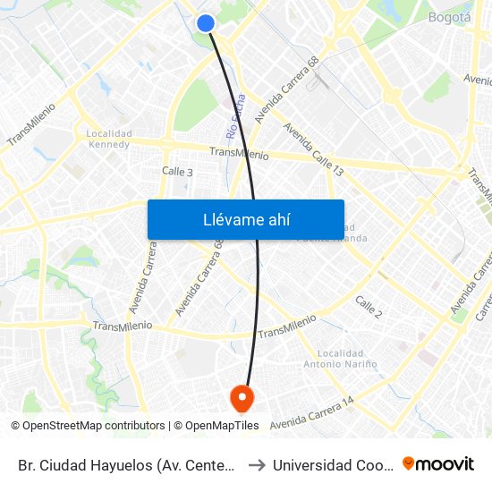 Br. Ciudad Hayuelos (Av. Centenario - Kr 78g) to Universidad Cooperativa map