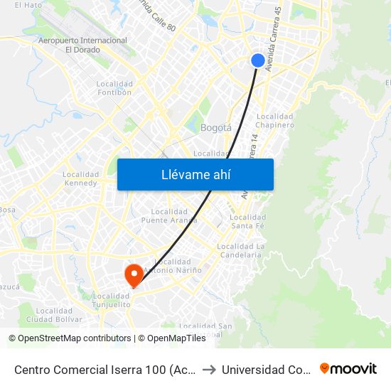 Centro Comercial Iserra 100 (Ac 100 - Kr 54) (B) to Universidad Cooperativa map