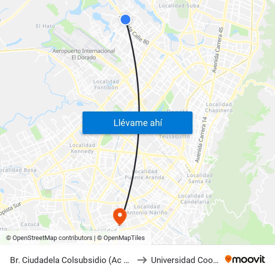 Br. Ciudadela Colsubsidio (Ac 80 - Kr 112a) to Universidad Cooperativa map