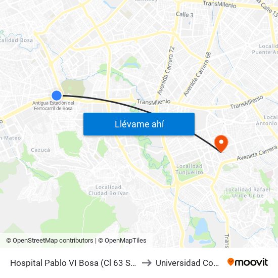 Hospital Pablo VI Bosa (Cl 63 Sur - Kr 77g) (A) to Universidad Cooperativa map