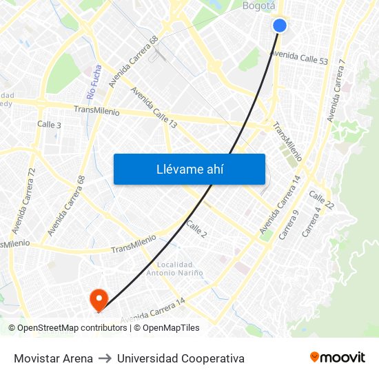 Movistar Arena to Universidad Cooperativa map