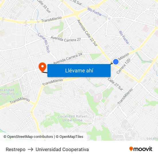 Restrepo to Universidad Cooperativa map