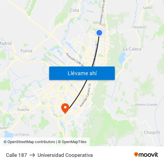 Calle 187 to Universidad Cooperativa map