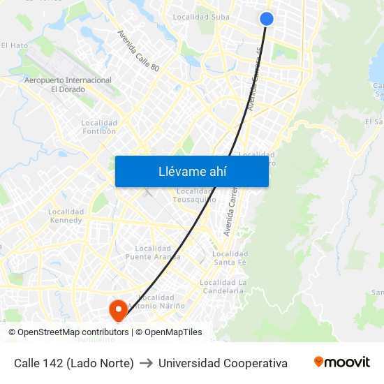 Calle 142 (Lado Norte) to Universidad Cooperativa map