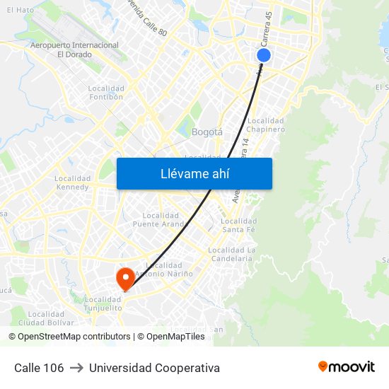 Calle 106 to Universidad Cooperativa map