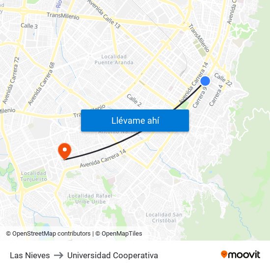 Las Nieves to Universidad Cooperativa map