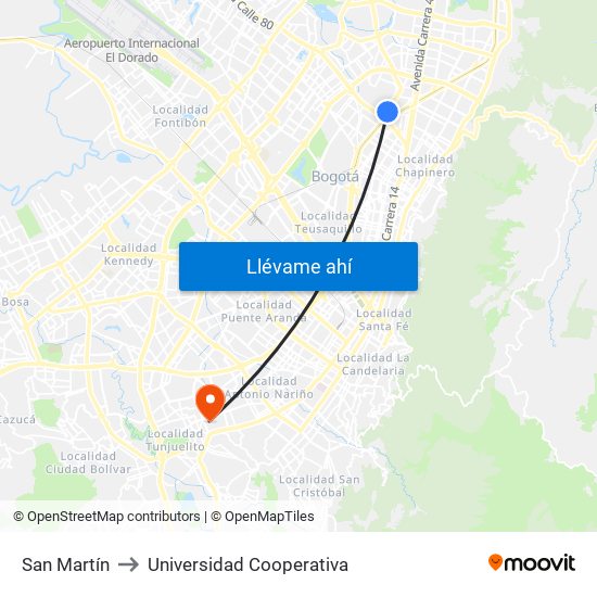 San Martín to Universidad Cooperativa map