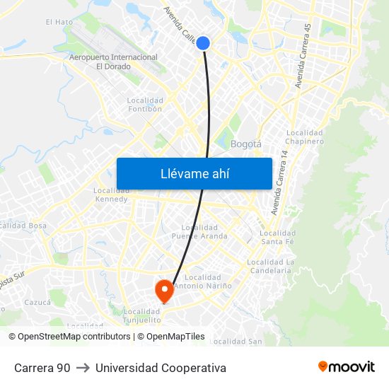 Carrera 90 to Universidad Cooperativa map