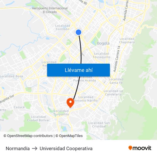 Normandía to Universidad Cooperativa map