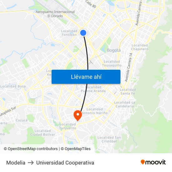Modelia to Universidad Cooperativa map