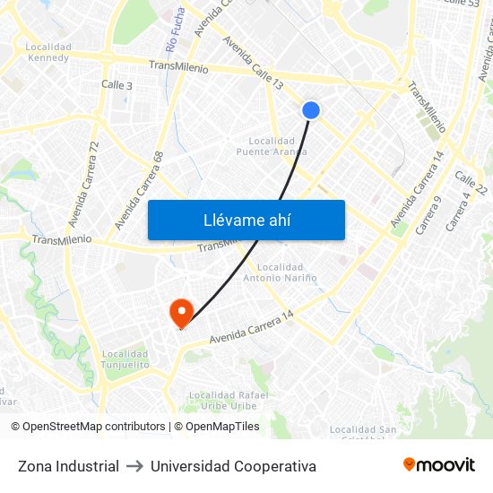 Zona Industrial to Universidad Cooperativa map