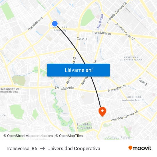 Transversal 86 to Universidad Cooperativa map