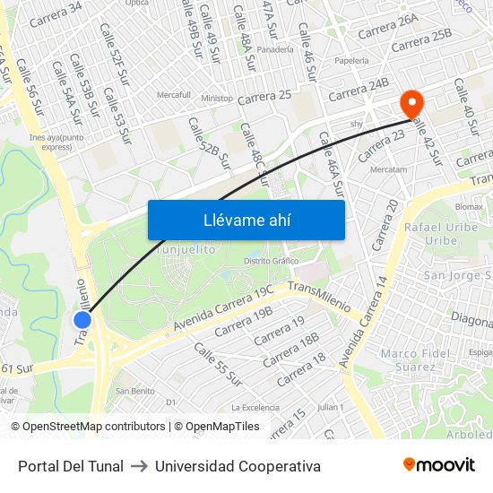 Portal Del Tunal to Universidad Cooperativa map