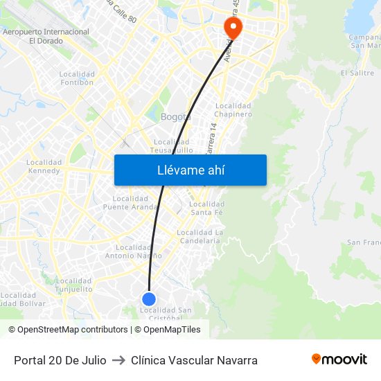 Portal 20 De Julio to Clínica Vascular Navarra map