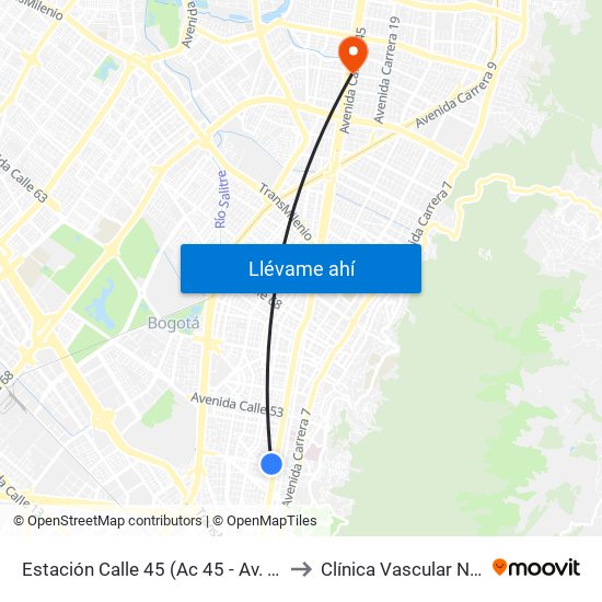 Estación Calle 45 (Ac 45 - Av. Caracas) to Clínica Vascular Navarra map