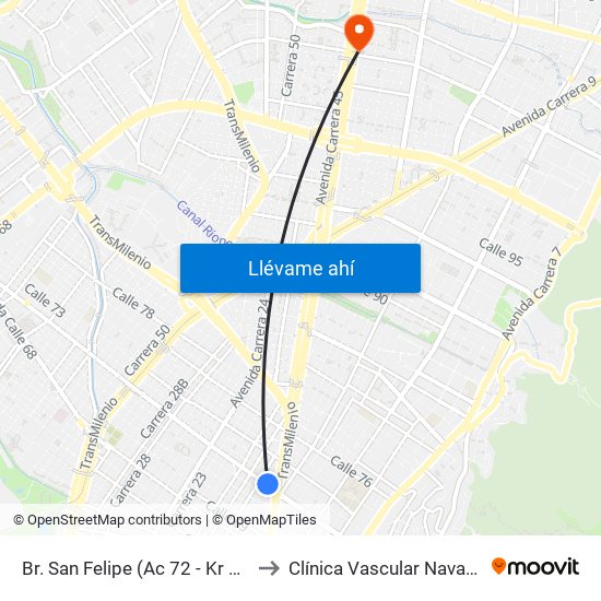 Br. San Felipe (Ac 72 - Kr 17) to Clínica Vascular Navarra map