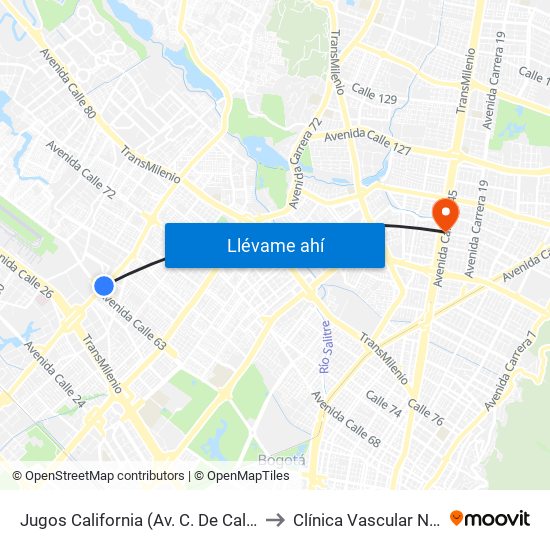 Jugos California (Av. C. De Cali - Ac 63) to Clínica Vascular Navarra map