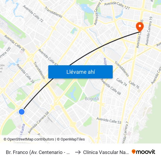 Br. Franco (Av. Centenario - Kr 69b) to Clínica Vascular Navarra map