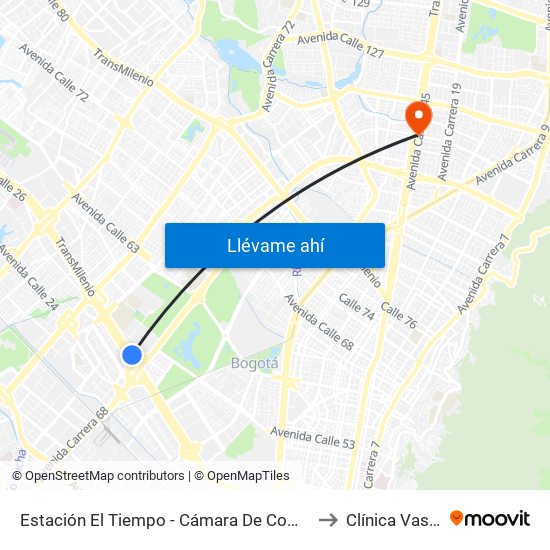 Estación El Tiempo - Cámara De Comercio De Bogotá (Ac 26 - Kr 68b Bis) to Clínica Vascular Navarra map