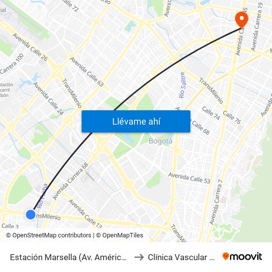 Estación Marsella (Av. Américas - Kr 69b) to Clínica Vascular Navarra map