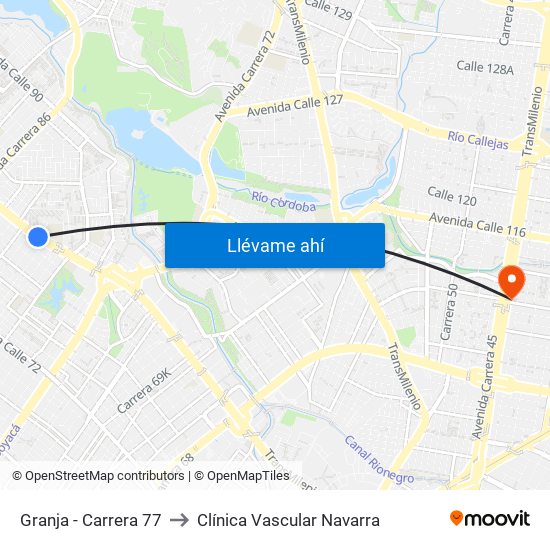 Granja - Carrera 77 to Clínica Vascular Navarra map