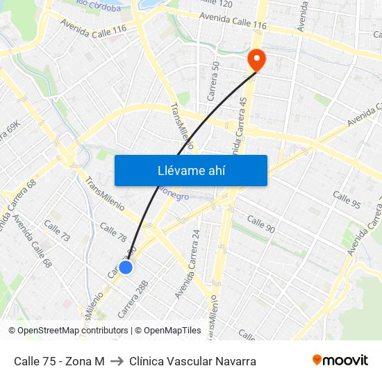 Calle 75 - Zona M to Clínica Vascular Navarra map
