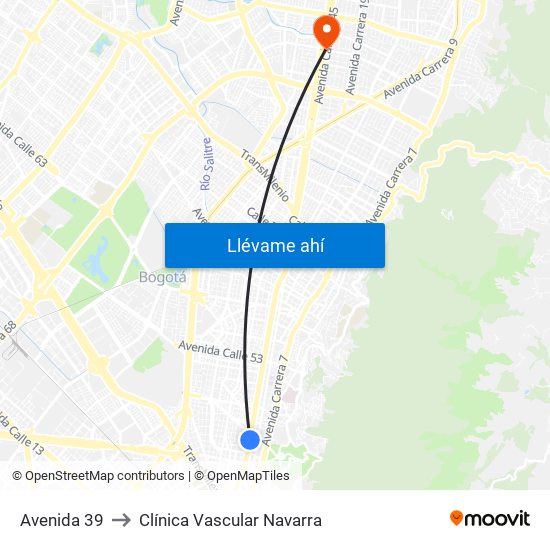 Avenida 39 to Clínica Vascular Navarra map