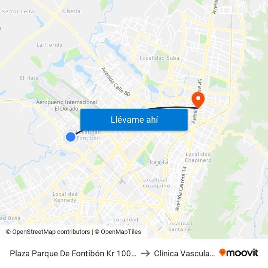 Plaza Parque De Fontibón Kr 100 (Kr 100 - Cl 17a) to Clínica Vascular Navarra map