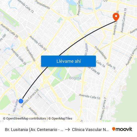 Br. Lusitania (Av. Centenario - Kr 68b) to Clínica Vascular Navarra map