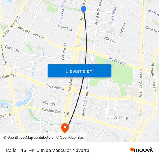 Calle 146 to Clínica Vascular Navarra map