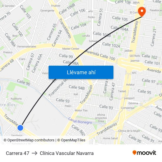 Carrera 47 to Clínica Vascular Navarra map