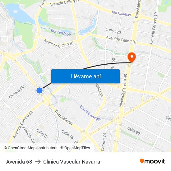Avenida 68 to Clínica Vascular Navarra map