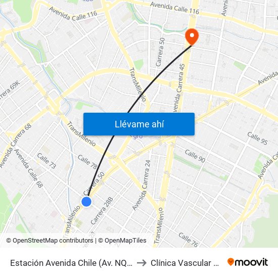 Estación Avenida Chile (Av. NQS - Cl 71c) to Clínica Vascular Navarra map