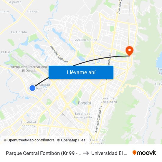 Parque Central Fontibón (Kr 99 - Cl 17a) (B) to Universidad El Bosque map