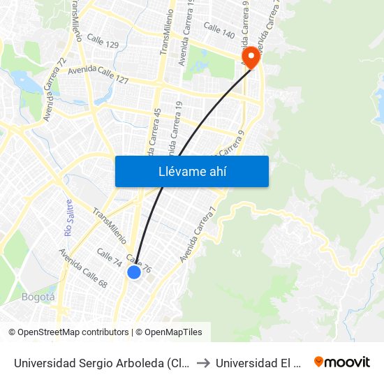 Universidad Sergio Arboleda (Cl 74 - Kr 13) to Universidad El Bosque map