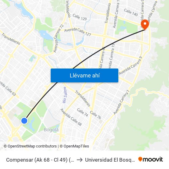 Compensar (Ak 68 - Cl 49) (D) to Universidad El Bosque map