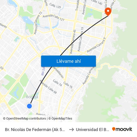 Br. Nicolás De Federmán (Ak 50 - Cl 57b) to Universidad El Bosque map