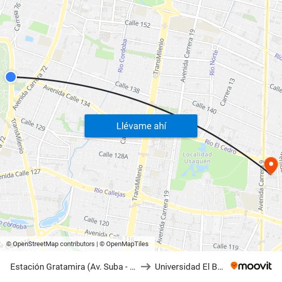 Estación Gratamira (Av. Suba - Cl 132a) to Universidad El Bosque map