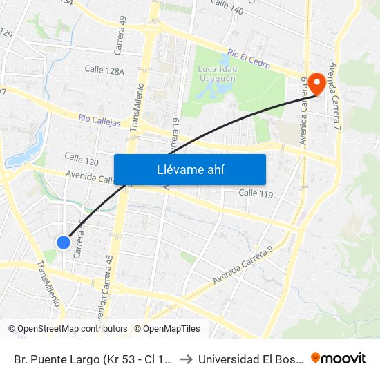 Br. Puente Largo (Kr 53 - Cl 103b) to Universidad El Bosque map