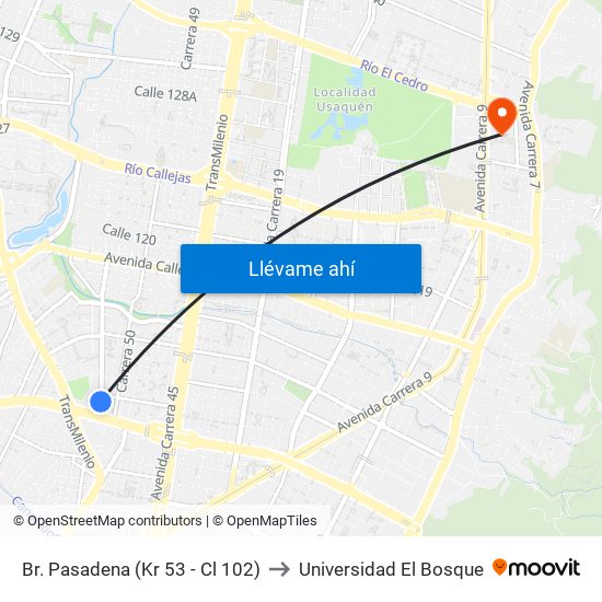 Br. Pasadena (Kr 53 - Cl 102) to Universidad El Bosque map