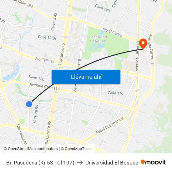 Br. Pasadena (Kr 53 - Cl 107) to Universidad El Bosque map