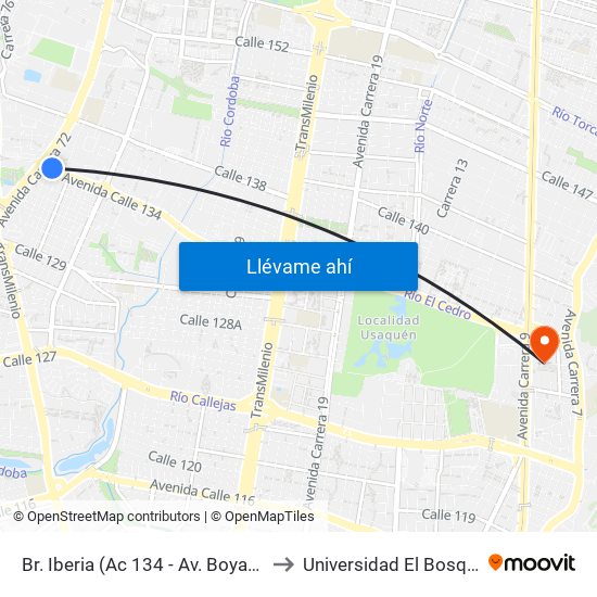 Br. Iberia (Ac 134 - Av. Boyacá) to Universidad El Bosque map