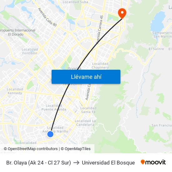 Br. Olaya (Ak 24 - Cl 27 Sur) to Universidad El Bosque map