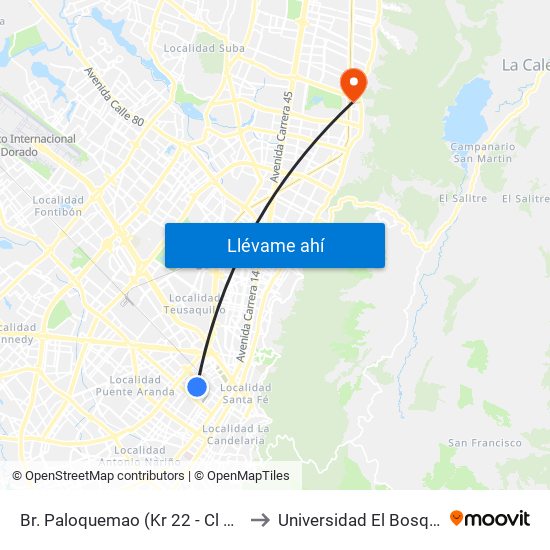 Br. Paloquemao (Kr 22 - Cl 18) to Universidad El Bosque map