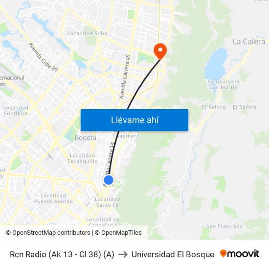 Rcn Radio (Ak 13 - Cl 38) (A) to Universidad El Bosque map