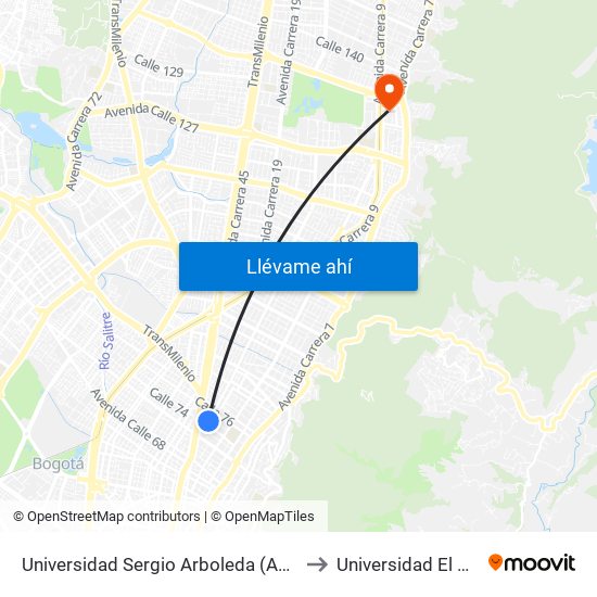 Universidad Sergio Arboleda (Ak 15 - Cl 75) to Universidad El Bosque map