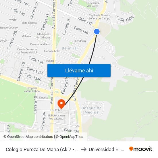 Colegio Pureza De María (Ak 7 - Cl 147) (A) to Universidad El Bosque map